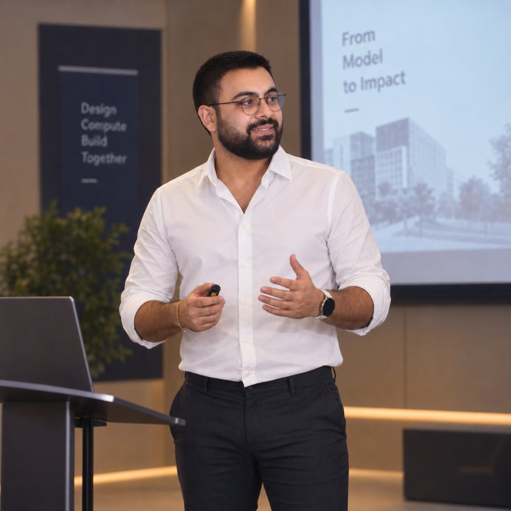 Jad Daoud presenting, mid-sentence, in front of a slide reading From Model to Impact