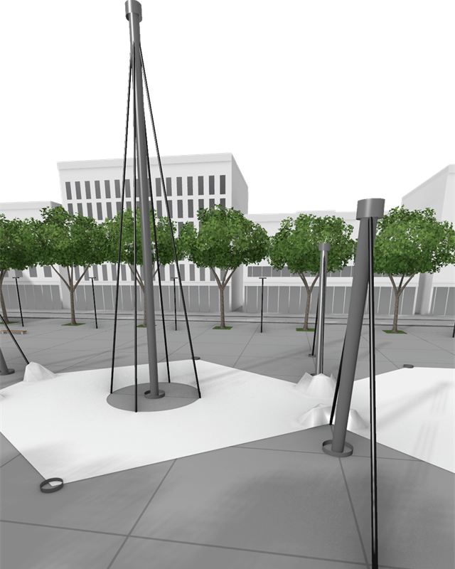 The tall column and the cables that hang the mouth from it.