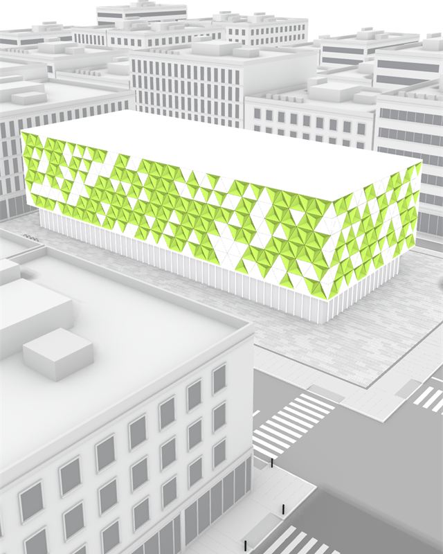 The block from the air, its panels sunk at random.